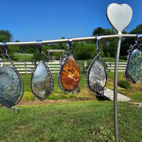 5 Custom Wire Wrapped Moss Agate Crystal Pendants...
